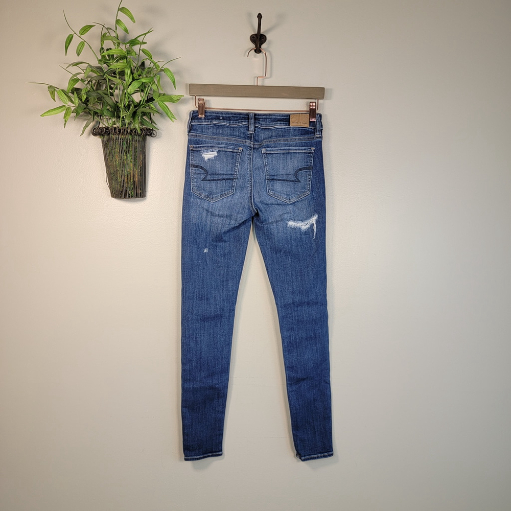 American Eagle Jeans Jeggings Skinny Distressed Mid Rise Medium Blue Wash AE 4 - Picture 10 of 12
